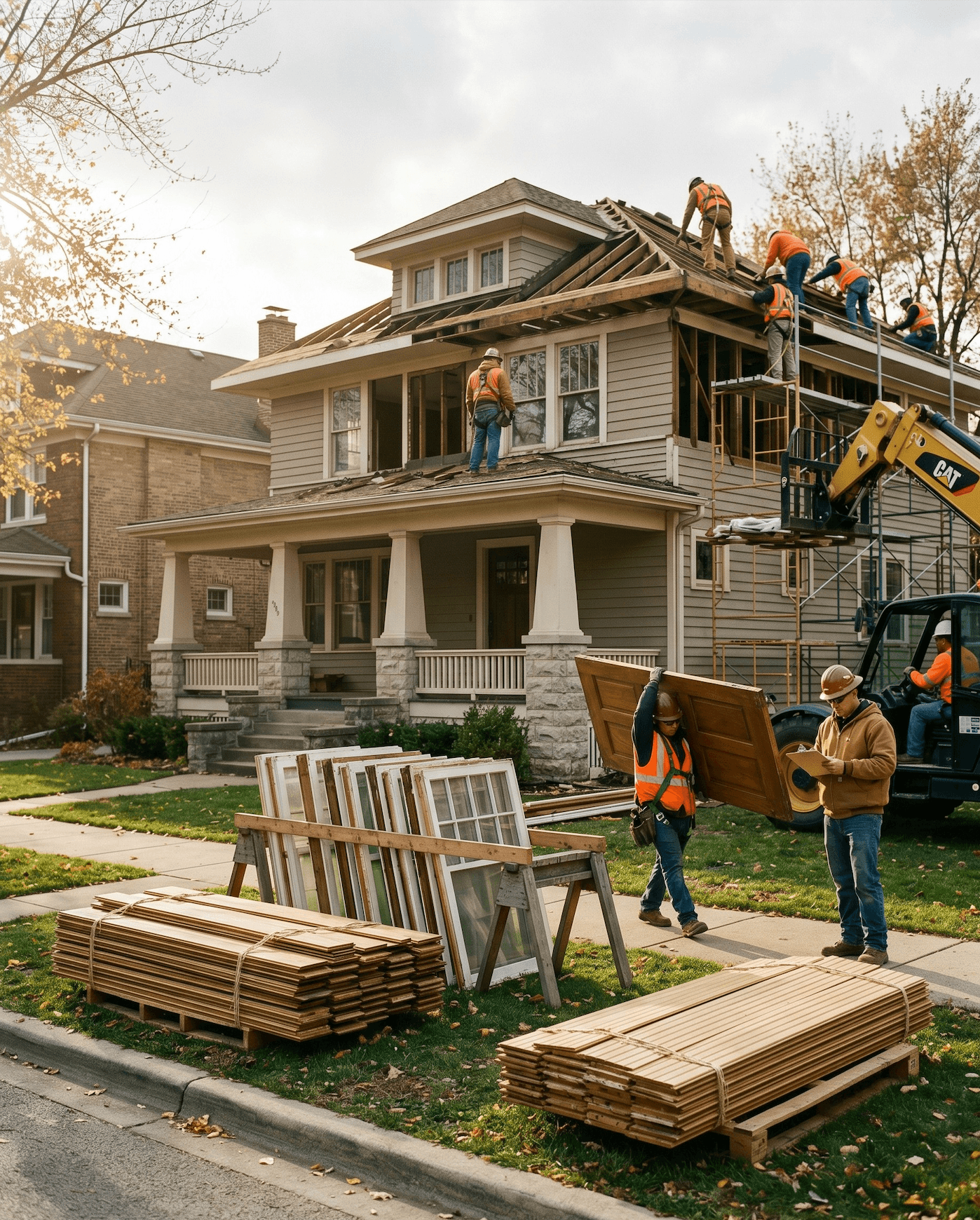 A residential Tudor-style home being deconstructed for reuse